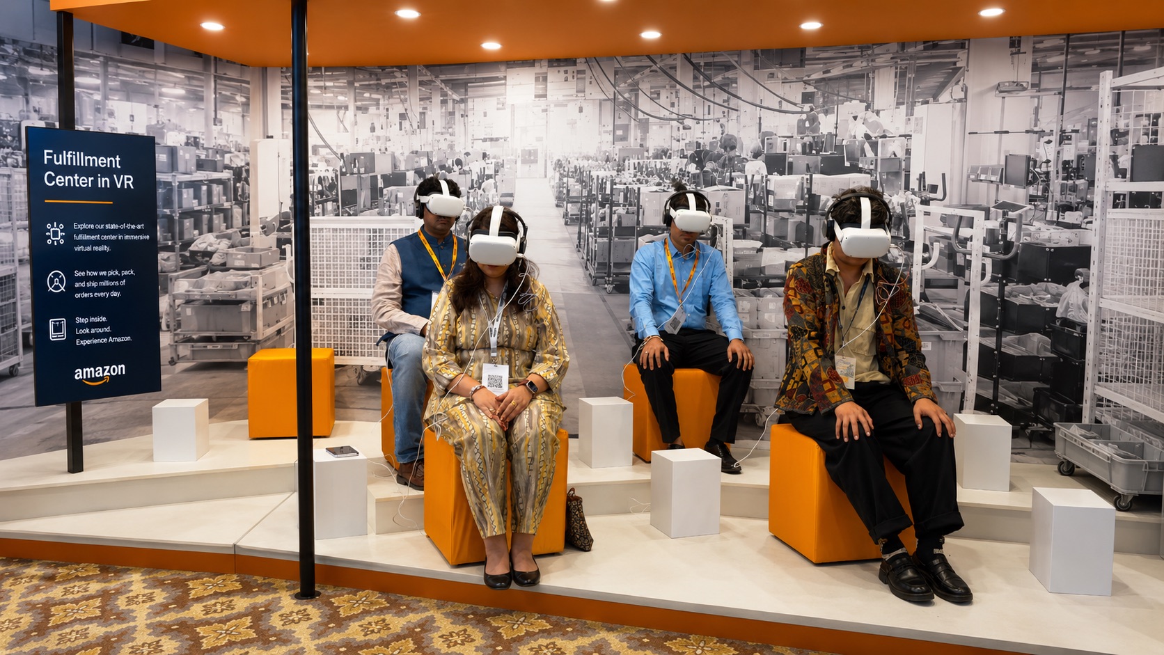 Visitors exploring Amazon warehouse operations through VR headsets